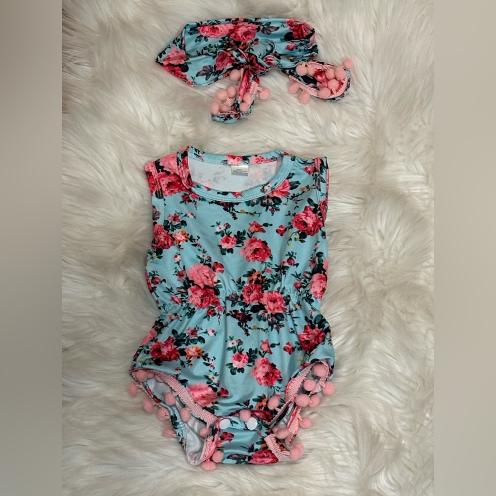 Floral Baby Romper with Headband 3 Months